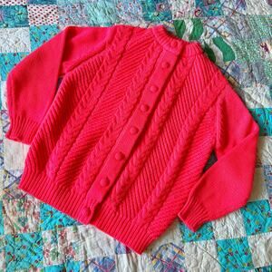Vintage 60s Dayglo Neon Pink Chunky Cable Knit Cardigan Sweater M L